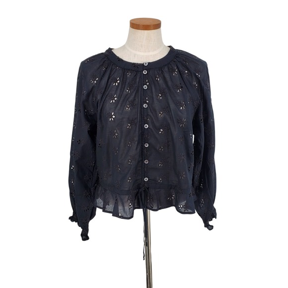 Outerknown Tops - Outerknown Poet Blouse Women Large Black 100% Organic Cotton Eyelet Button Front